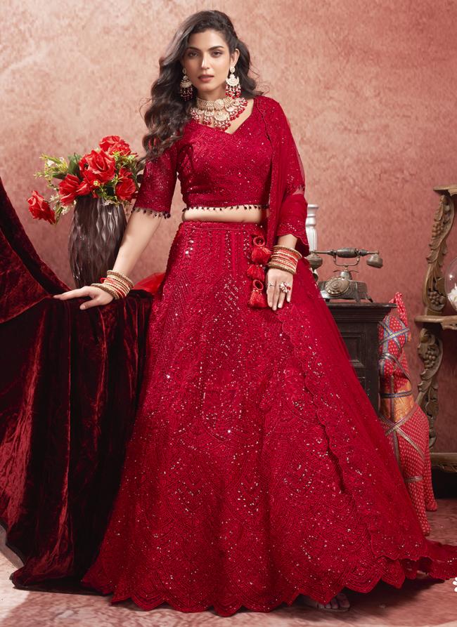 Premium Net Red Bridal Wear Hand Work Lehenga Choli